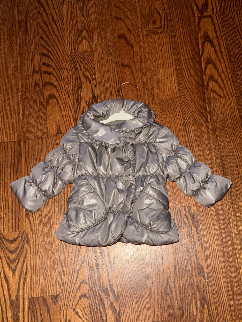Zara Baby Girls Puff-Sleeve Metallic Gray Silver Winter Puffer Pea Coat 3-6